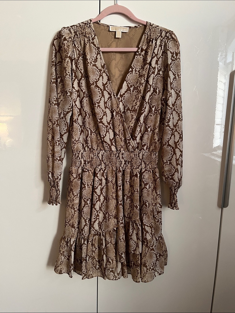 MICHAEL KORS NWOT Snake Print Long Sleeve Wrap Lined Dress - Beige/Brown, Size M
